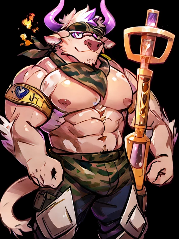 The image shows a muscular, furry, anthropomorphic bull in military fatigues holding a large, golden syringe. The bull has purple horns, a camouflage bandana, and a yellow armband that reads "Chemical research," which translates to "Chemical Research." The bull is standing against a black background and the syringe is the focal point of the image.  The image is likely related to a fantasy or science fiction setting where the bull character is a scientist or soldier.