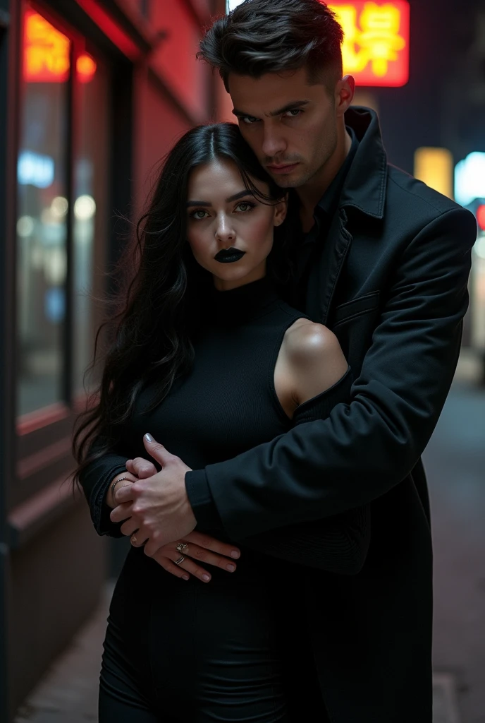 The guy hugs the girl from behind, Stern. With black lipstick on her lips. in black clothes.