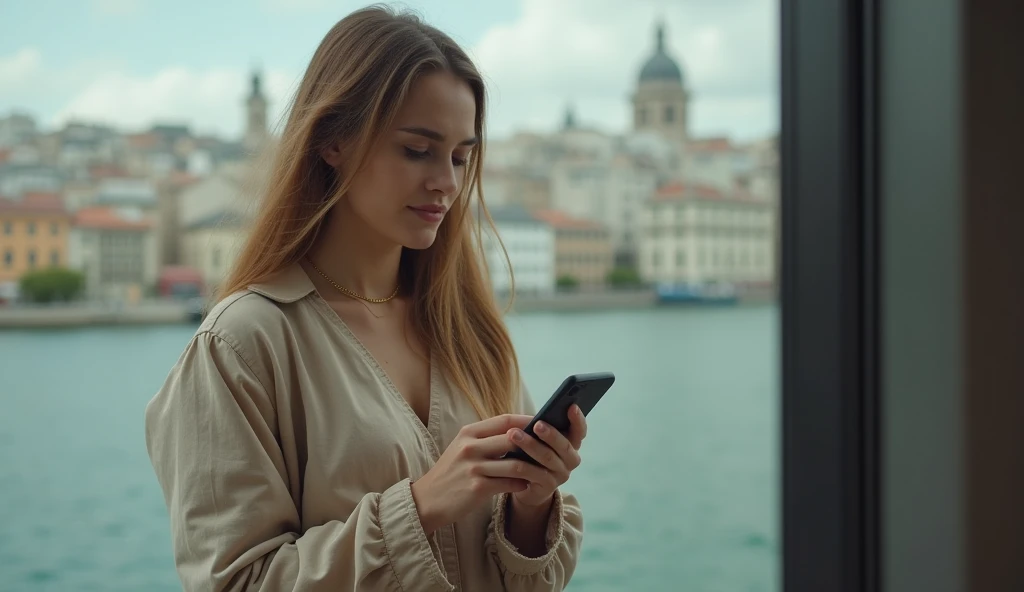 a woman exchanging messages on his cell phone from a distance