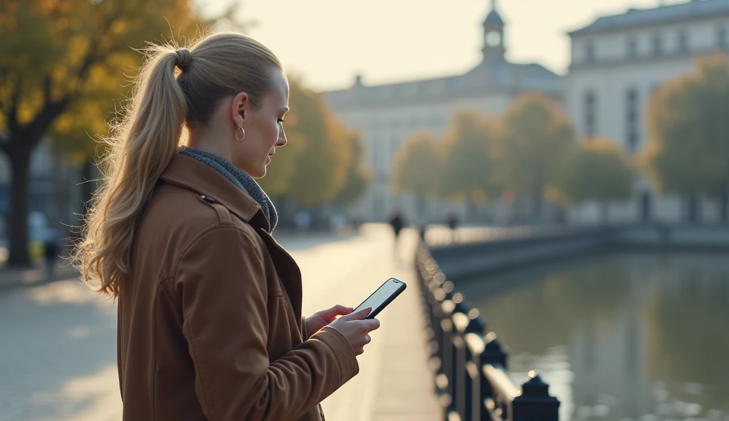 a woman exchanging messages on his cell phone from a distance