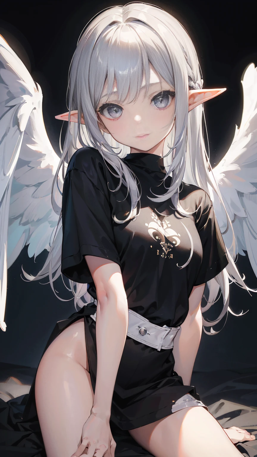 A young elf girl, 8 years old, with medium-length silver hair, silver eyes, and large angel wings on her back, with her mouth wide open, wearing a large black T-shirt, and wearing no bottoms. be