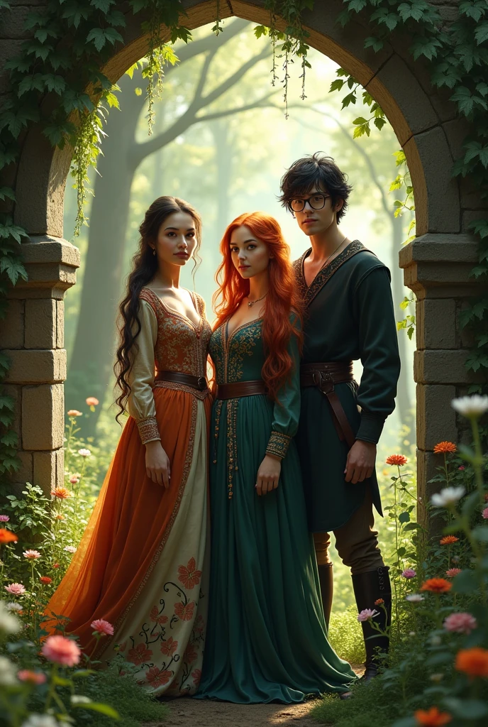 A brunette woman in a magical forest accompanied by a redheaded woman and a young man with black hair and glasses. All three are wearing medieval clothing.