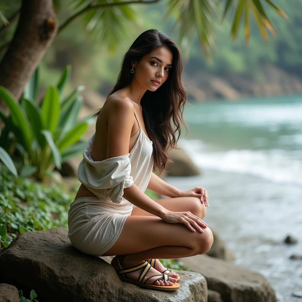 (masterpiece:1.2, Best Quality), 1 girl, 30 years, Curvy body, big chest, slender, detailed eyes, sharp eyes, Leaning forward, in front of the viewer, fitted mini dress, Strappy sandals, blouse down, sensual, sitting on a stone bench, by the wavy cut, nature, yoga sensual, serene spaces.
