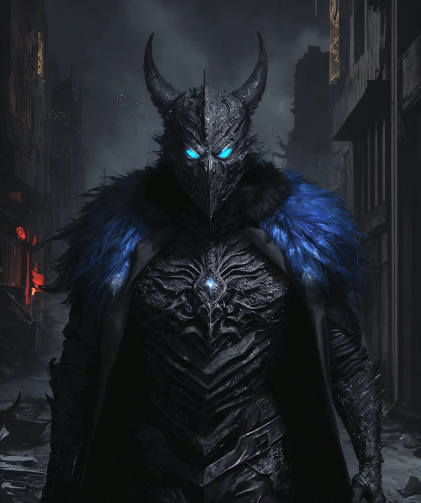 "An extremely detailed 8K wallpaper featuring a medium shot of Grim, depicted as a terrifying masked crystal-supervillain. Grim is dressed in a textured, fur-covered suit made entirely of glowing sapphire blue, neon yellow, and obsidian black fur, radiating an otherworldly energy. The suit's intricate details and craftsmanship evoke a high-tech Marvel-inspired design, blending menace with futuristic elegance. The scene is set against a dramatic backdrop of a towering mud monster and shattered cityscape, highlighting the chaos and destruction in the environment. The overall theme is dark and intense, with every element meticulously detailed to create a visually captivating and immersive atmosphere."