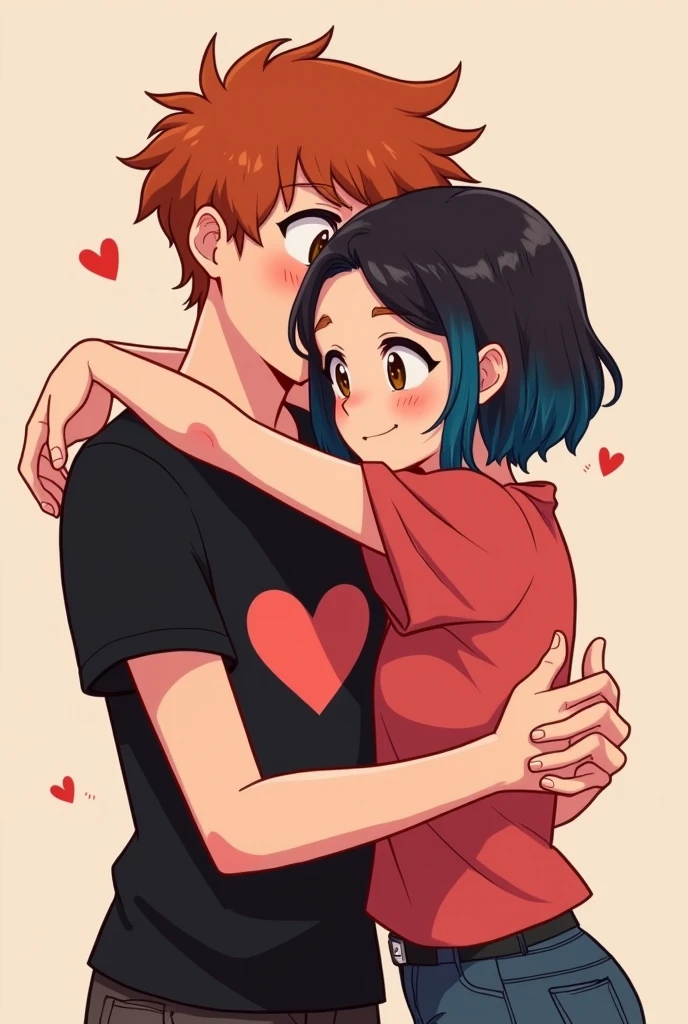 A redhead with brown eyes and a black shirt hugging"and his friend(the shirt has half the heart" and his friend hugs him too, she has short hair with blue streaks (her hair is black with blue streaks) she has dark brown eyes and her shirt completes the heart
(I want in the drawing style)