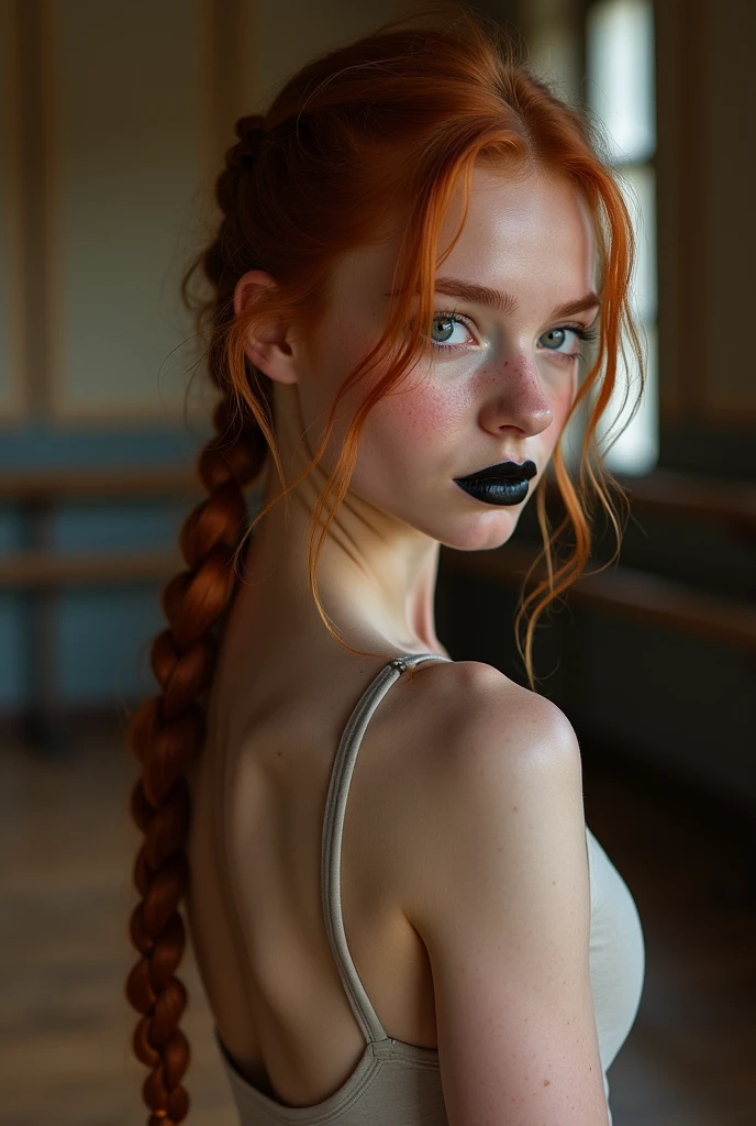 Raw foto,Best quality,Girl 18 years old, long redhead, braided into very thin braids, engaged in nude ballet., Without clothing,flat torso,,Makeup smeared,makeup running,perfect lips, black lipstick, Braces, freckles,big eyes,Blue eyes,Sweating, sweats a lot,wet,very detailed, Best quality, very detailed face, Perfect lightning, History of the ballet studio, sexually, Erotic, unique, 4K, masterpiece