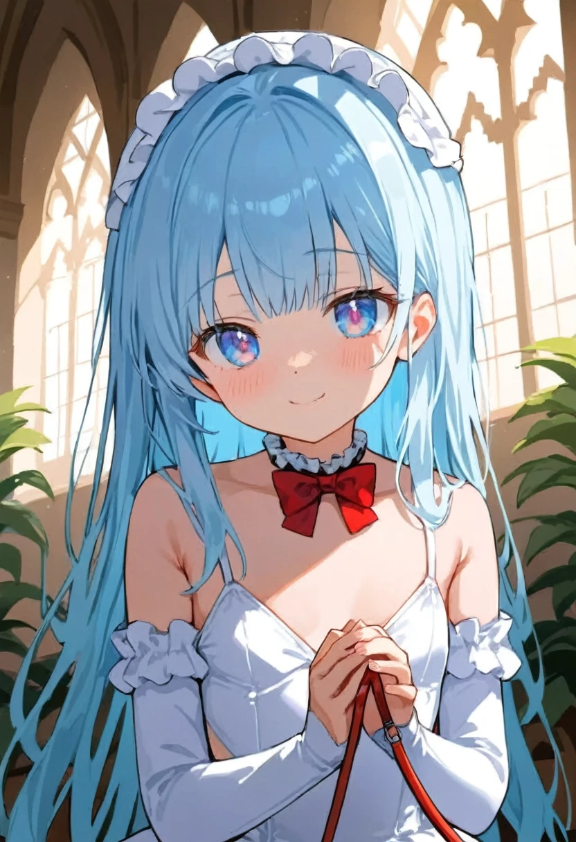 masterpiece, best quality, extremely detailed, (illustration, official art), 1 girl ,(((( light blue long hair)))), ,(((( light blue long hair)))),light blue hair, , long hair ((blush)) , cute face, masterpiece, best quality,(((((a very delicate and beautiful girl))))),Amazing,beautiful detailed eyes,blunt bangs((((little delicate girl)))),tareme(true beautiful:1.2), sense of depth,dynamic angle,,,, affectionate smile, (true beautiful:1.2),,(tiny 1girl model:1.2),)(flat chest) ,score_9,score_8_up,score_7_up,score_6_up,
masterpiece,best quality, source anime,
rating_explicit,uncensored, zPDXL2,sexually suggestive,
BREAK
1boy, 1girl, animal collar,bangs, , closed mouth, collar, collar on her palms, wedding dress, backless dress, backless outfit, detached sleeves, frills, hands up, heart, holding, leash, long sleeves, looking at viewer, plant, red bow, smile, solo, upper body,window,church,heart,