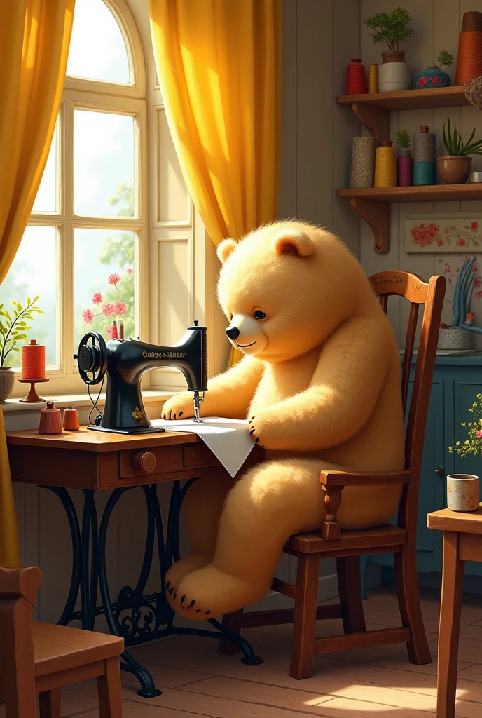 Realistic cute Big bear sitting on a chair, sewing with a sewing machine in a sewing workshop with warm colors and cozy atmosphere
