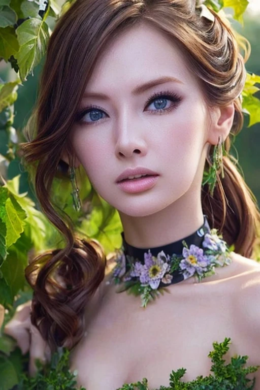 Beautiful black-haired woman with blue eyes, elegant and refined, fish, under sea,Highly detailed face, Detailed eyes, beautiful long eyelashes, complicated details, Award-winning digital art, movie light, Amazing color, realistic, 8k, Masterpiece、(Flowers hide her chest)、(A choker made of ivy)、(The entire body is covered in flowers)、(Bound by vines)、Super Real Photo、Illuminated from the left by strong light、((Flowers cover bare skin))、ponytail、(Bra made of flowers)、View from below、Highly detailed CG integration、Flowing Hair、Super long slit、Twin tails、Bun Hair、