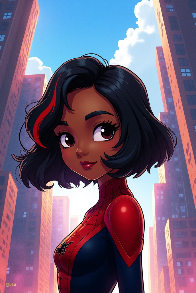 a brown girl with black eyes and short straight hair with bangs with red highlights on the back of her neck in the spiderverse