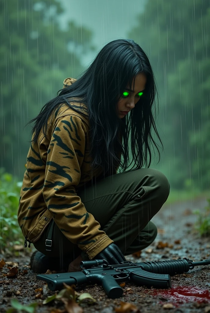 A Thai woman with long black hair, wearing a hiking outfit, long pants, a brown jacket, her body covered in blood, while some parts of her body turned into a tiger, in agony, kneeling, with green light in her eyes, beside her is an M16 rifle and blood stains on the ground, amidst the rainy atmosphere.