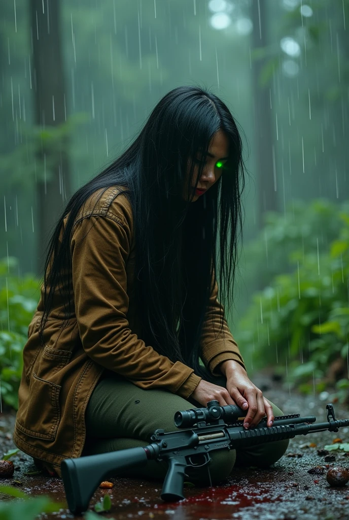 A Thai woman with long black hair, wearing a hiking outfit, long pants, a brown jacket, her body covered in blood, while some parts of her body turned into a tiger, in agony, kneeling, with green light in her eyes, beside her is an M16 rifle and blood stains on the ground, amidst the rainy atmosphere.