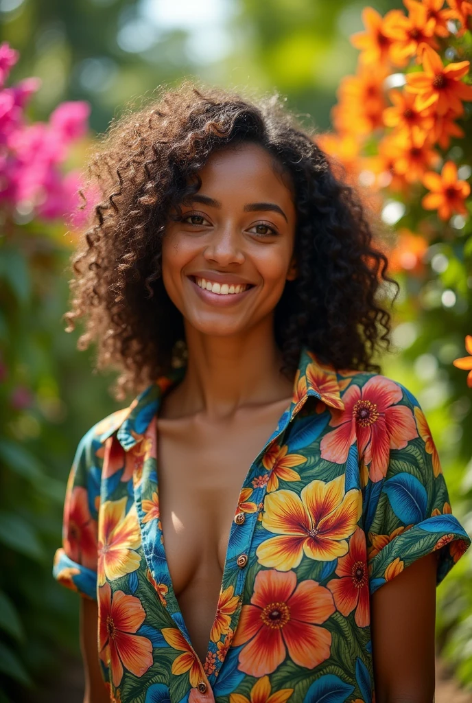 A Brazilian woman in a lush tropical garden, wearing an open shirt with a floral print, with a close-up capturing the harmonious beauty between her  and the natural flowers, showing off your natural charm and outgoing personality.
