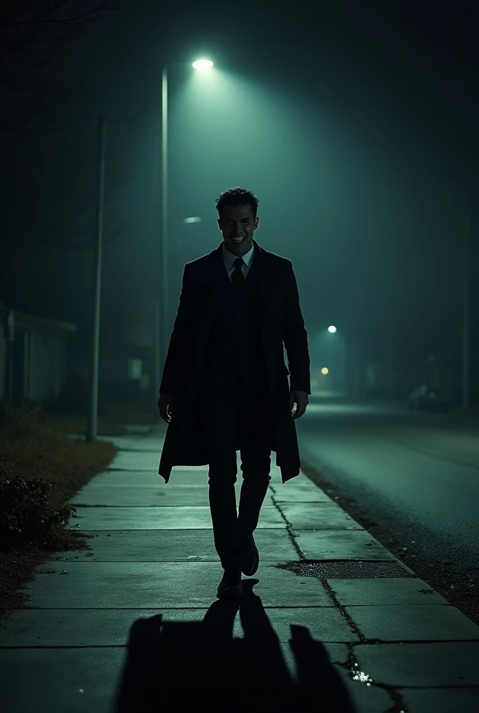 Create an image for a horror book, I want a 35 year old man walking down a dark street with only one light showing his shadow smiling evilly