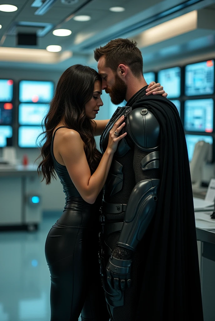 female doctor in latex leggings hugs a man in black armor and a cape, the man has light facial hair