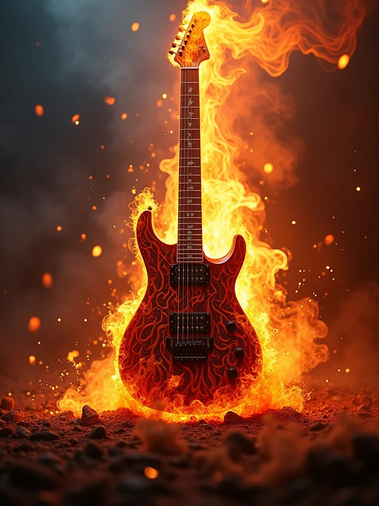 a guitar with a flame on it, rock music, electric guitar, on fire, guitar, music, guitar solo, rocking out, hd wallpaper, badass composition, classic guitar, heavy blues rock, engulfed in flames, full scene shot, full scene, set on fire, (fire), guitar concept art, lead guitar, fire theme, desktop background, artwork