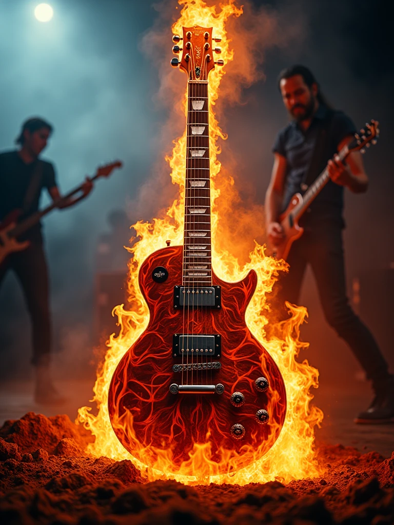 a guitar with a flame on it, rock music, electric guitar, on fire, guitar, music, guitar solo, rocking out, hd wallpaper, badass composition, classic guitar, heavy blues rock, engulfed in flames, full scene shot, full scene, set on fire, (fire), guitar concept art, lead guitar, fire theme, desktop background, artwork