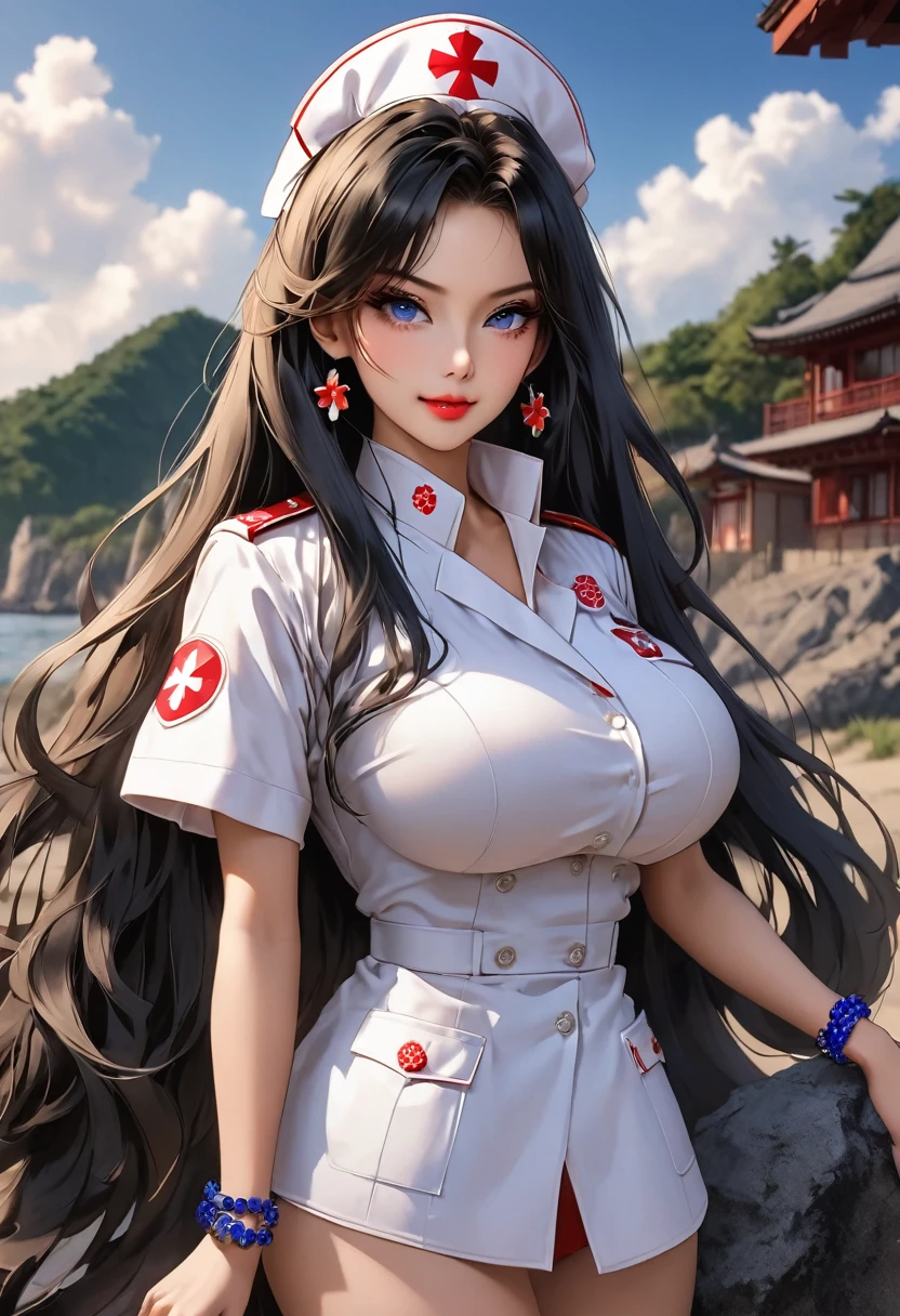 ((masterpiece, best quality, highly dramatic picture,((imperial Japanese army)), ((barbie)), cinematic lens effect, ((busty bitches)), perfect Anatomy, exquisite lighting)) My friend's exotic milf Mom doing a sexy photo shoot( nurse uniform, random hair colour, long dreadlock hairstyle, evil seductive smile, sapphire bracelet, hair clips,confident pose)(location:  bleak island outdoor venue) 