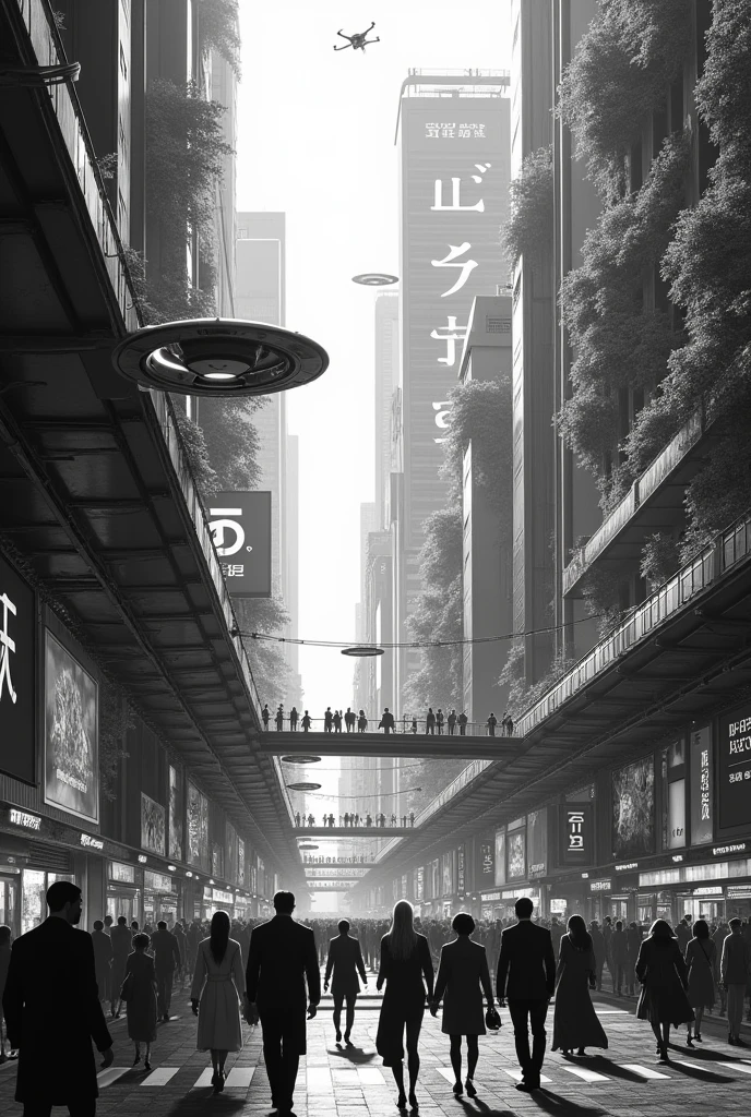 Black and white coloring page of a very futuristic Tokyo street