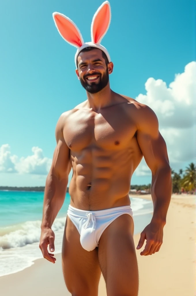 Create a tall, handsome, muscular dominant man wearing a tight see-through bikini with bunny ears and his face flushed in embarrassment