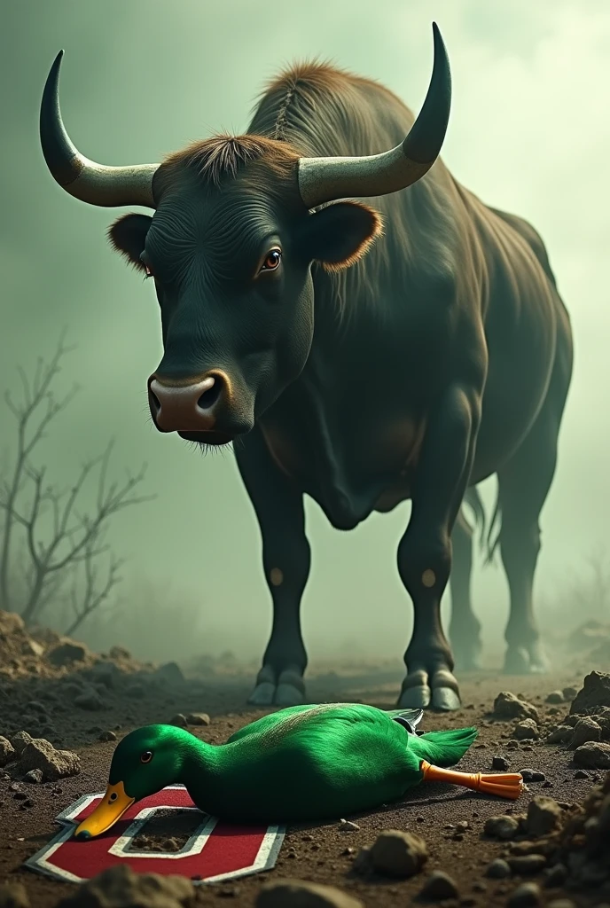 a giant bull standing on top of a green dead duck and an ohio state buckeyes logo that is x out with a battle field back ground