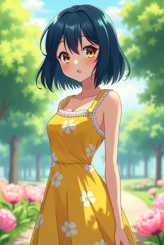 age anime girl with very dark blue hair, straight, very short and with bangs, large eyes, brown and expressive, Oval face, with high cheekbones and a small nose, slim and athletic body, with a female figure, with a yellow floral dress, white valettes
