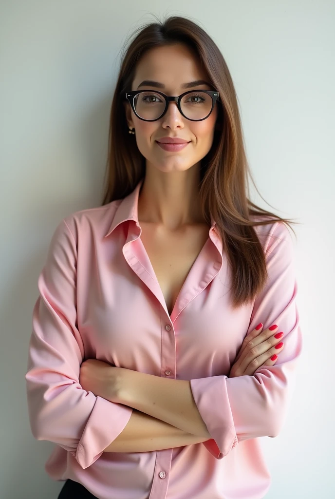 (full body), (standing against a white wall), a 40 year old woman looking into the camera, long straight hair, detailed beautiful face, slightly smiling, pink unbuttoned blouse, cleavage, action shot, glasses, empty office background, daytime, photo realistic, CG, art station, masterpiece, HD photography