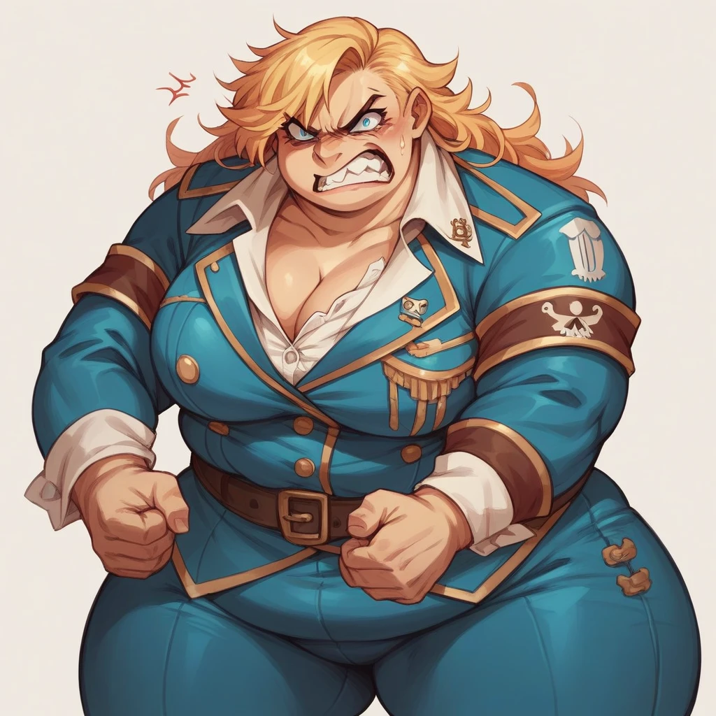 Fat, obese, gluttonous blue shark girl, blond hair, pirate suit, angry,
