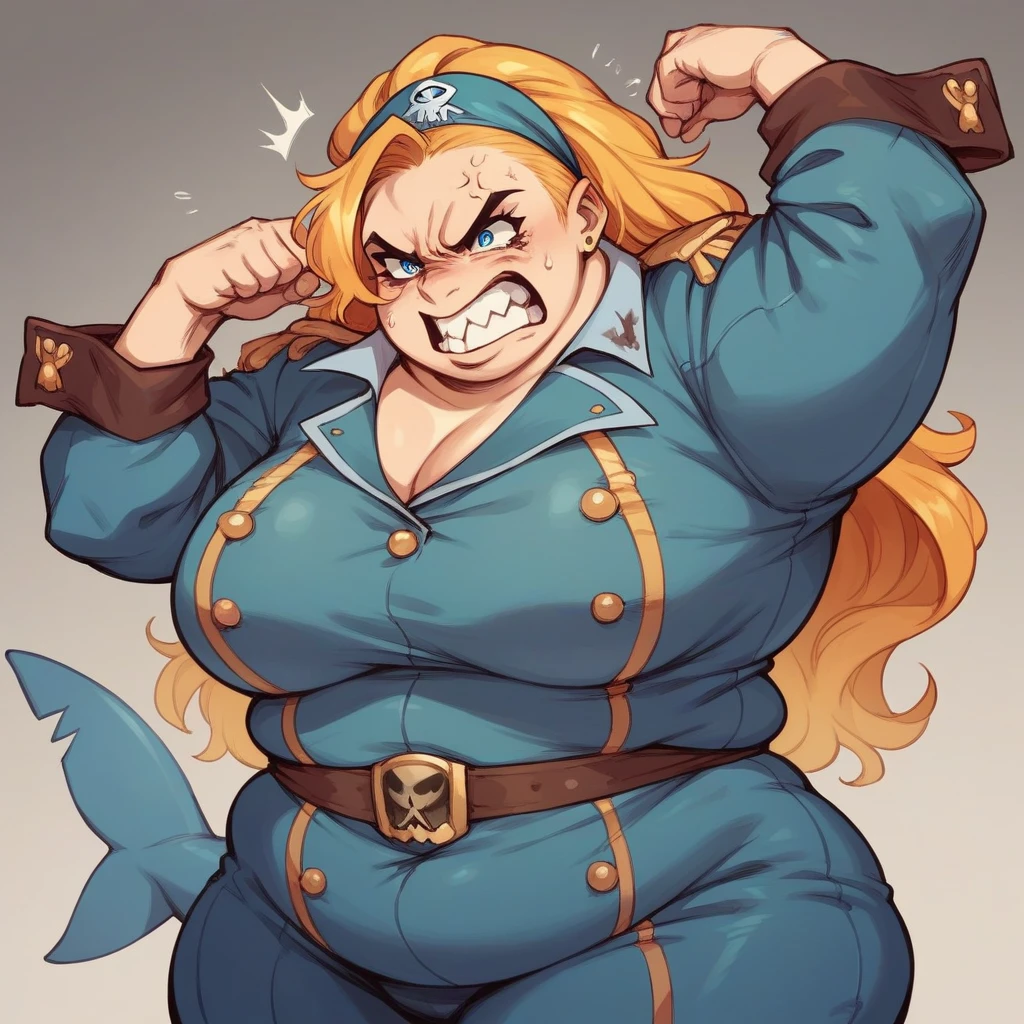 Fat, obese, gluttonous blue shark girl, blond hair, pirate suit, angry,