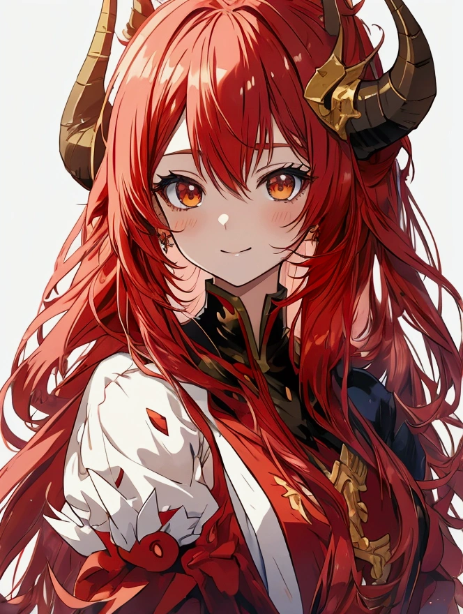 Anime Dragon girl. Red hair. Dragon horns and tail. standing on the hill. Soft smile.