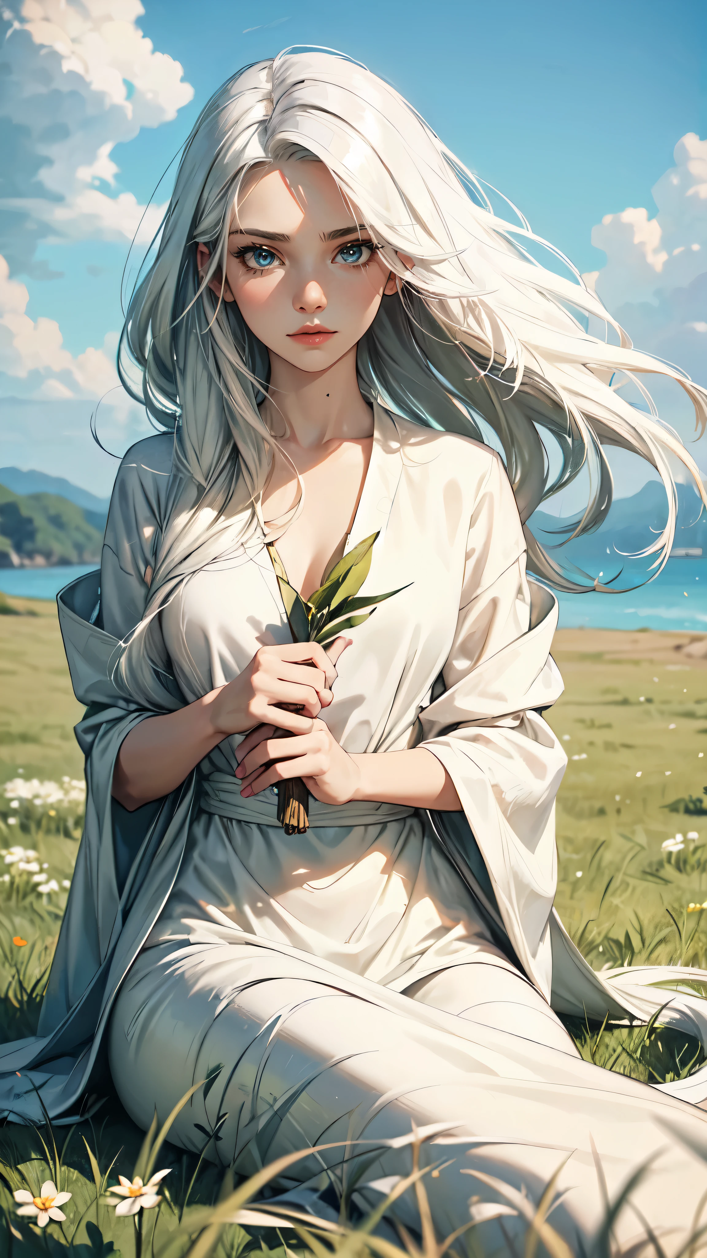 Beautiful girl with white hair lies on the grass. Her hair flutters in the wind in one hand she holds a white snake, and in the second she squeezes women&#39;s white panties,detailed,xy pose,detailed face, detailed eyes, detailed hands, elf woman,wet, mil all over her, full body

