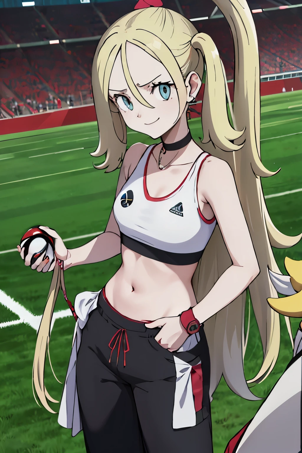 work of art, highest quallity, high resolution, hummarnie, Aqua Eye, black choker, Red loop, aretes, jewerly, abdomen, play sports frequently, bared shoulders, pants, perneiras, They are standing, cowboy shot, Stadium, holding Pokeball, Pokeball \(basic\), with an evil smile,