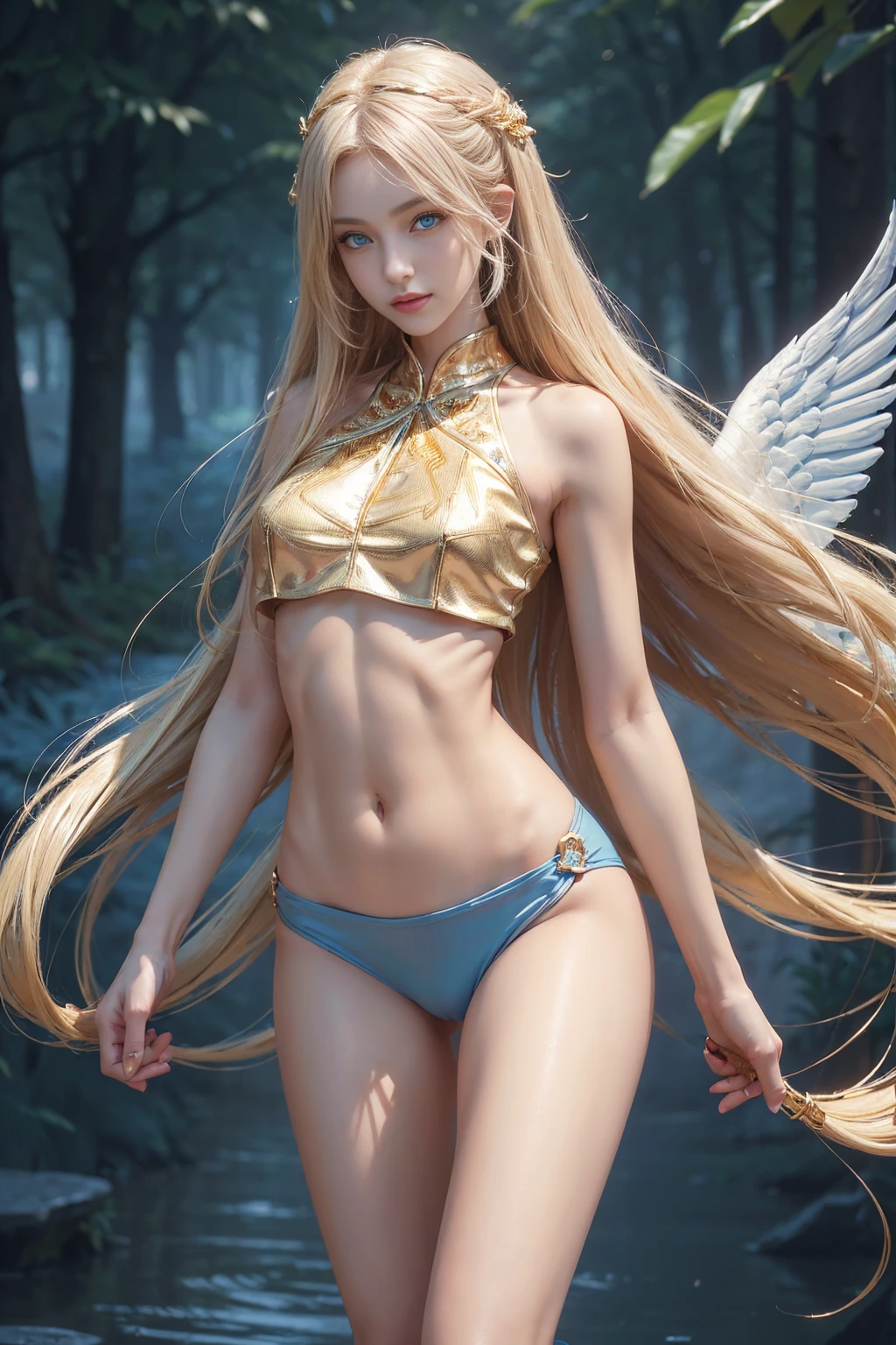 8K, Top Quality, Intricate Details, Ultra Detail, Ultra High Resolution, Masterpiece, random angle, Slender, Smile, (Makeup: 0.4), (Fluffy Blue Eyes: 1.21), blue Eyes, looking at viewer, ((full body)), 1girl, solo, 1 girl, (( full body)), close up shot, , ((tall)), (((fit body))), (((slim face))), sharp face, sharp eyes, ((( golden hair, very long hair, )) , (detailed face), sharp face, small lips,
((angel wing )), ((crop top)), detailed face, detailed breast, , large breast, detail ass, , Beautiful girl with accentuated slender abs: 1.4, Six Pack Abs: 1.4, Bust Botox, Big, Perfect Body, detail leg, (( in heaven)),