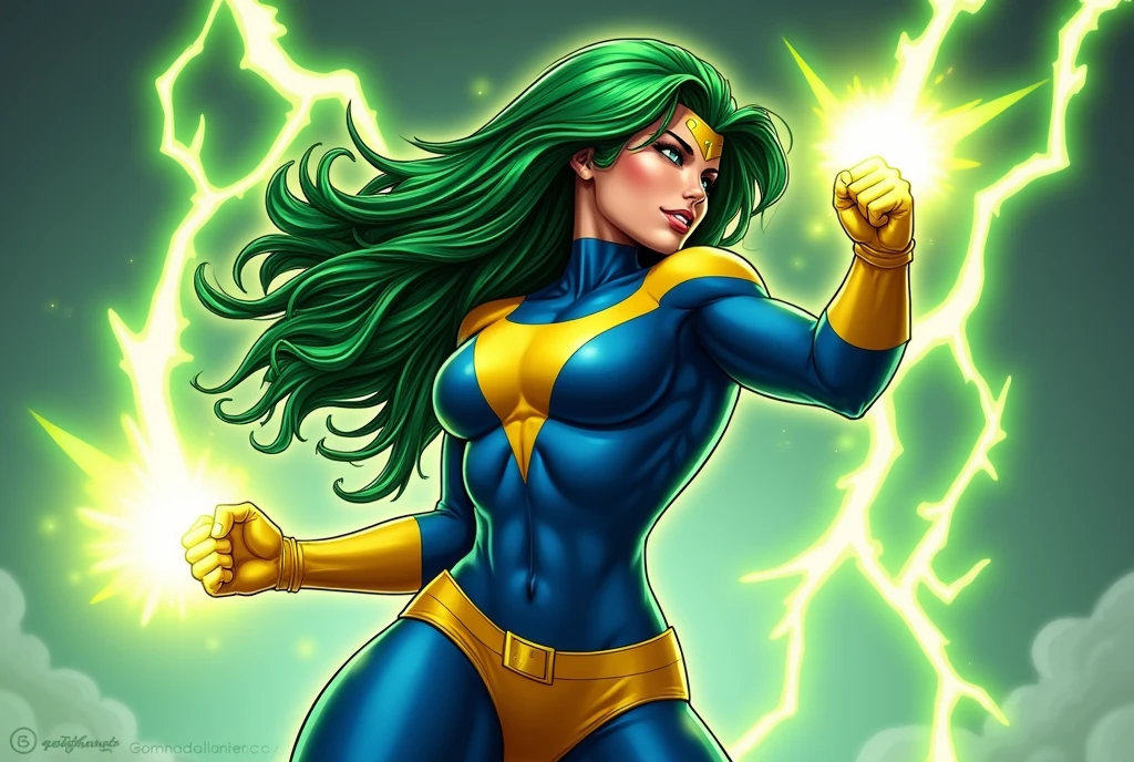 Lorna Dane, polaris x-men, (she perform a punch profile side pose:1.6), (green thick wavy long hair:1.4), (huge breast:1.6), wearing a blue costume, big yellow in the chest and stomach, with yellow xmen belt, yellow glowes, yellow boots, screenshot of a beat em up videogame, (she's surrounded by a green energy:1.5), (comic style:1.4)