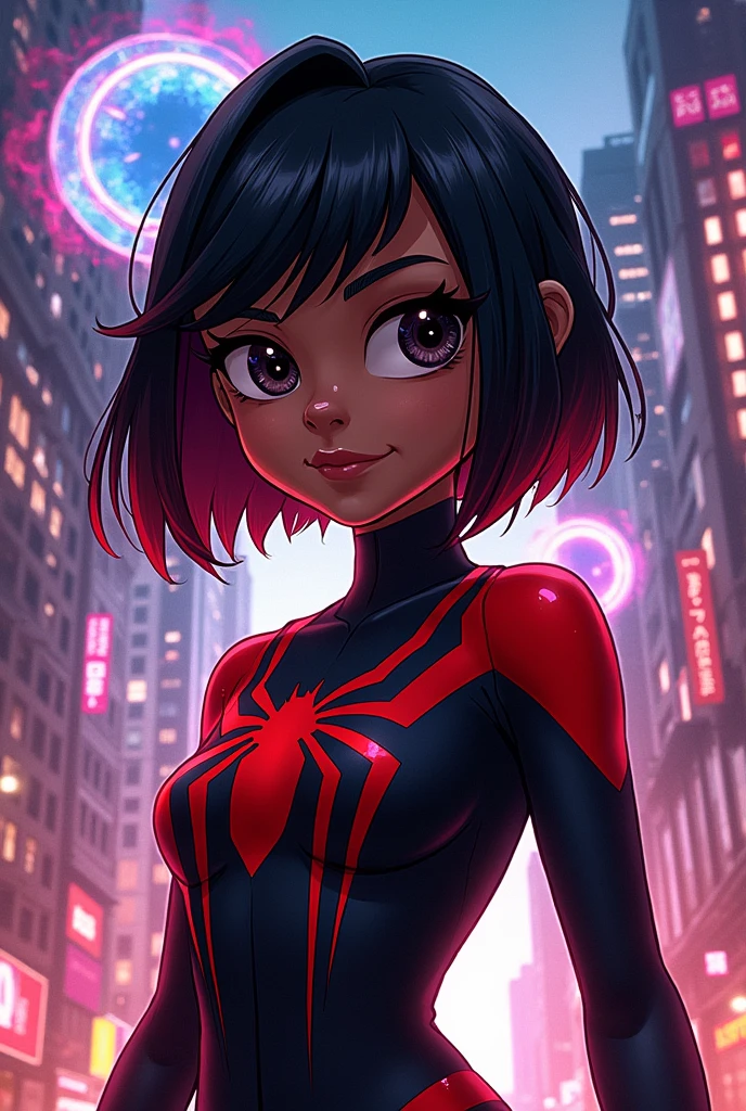 a brown girl with black eyes and short straight hair with bangs with red highlights on the back of her neck in the spiderverse