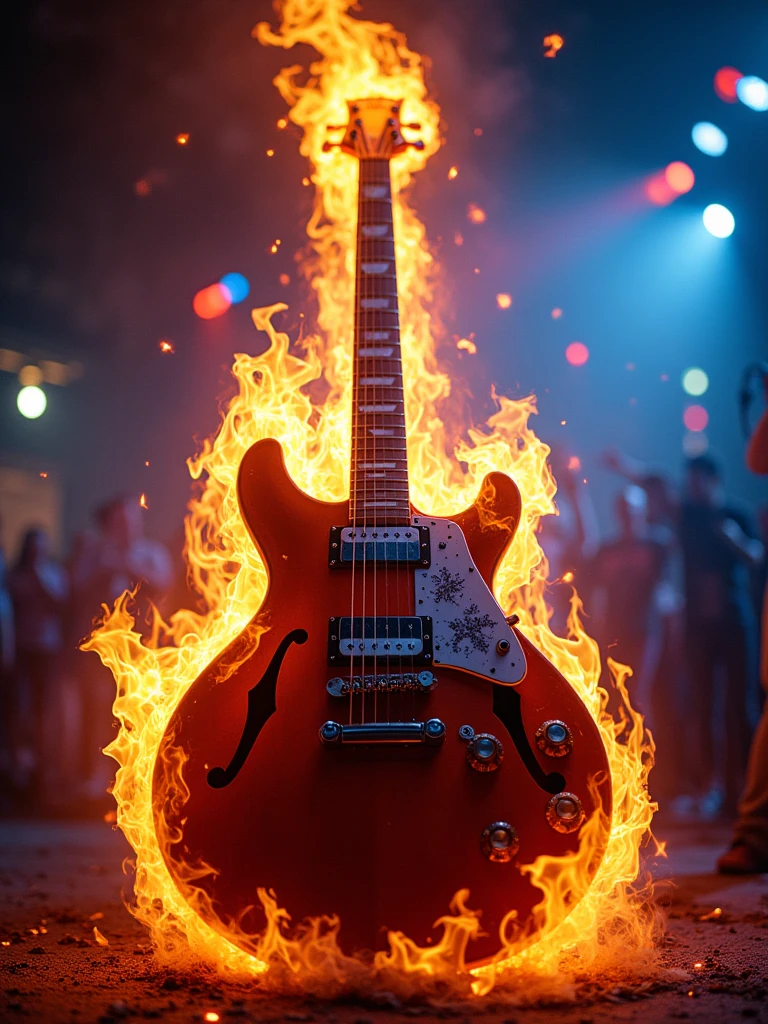a guitar on fire and half-naked girls with blurred faces