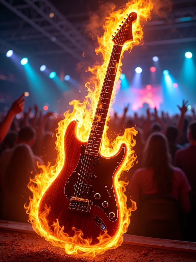 a guitar with a flame on it, rock music, electric guitar, on fire, guitar, music, guitar solo, rocking out, hd wallpaper, badass composition, classic guitar, heavy blues rock, engulfed in flames, full scene shot, full scene, set on fire, (fire), guitar concept art, lead guitar, fire theme, desktop background, artwork