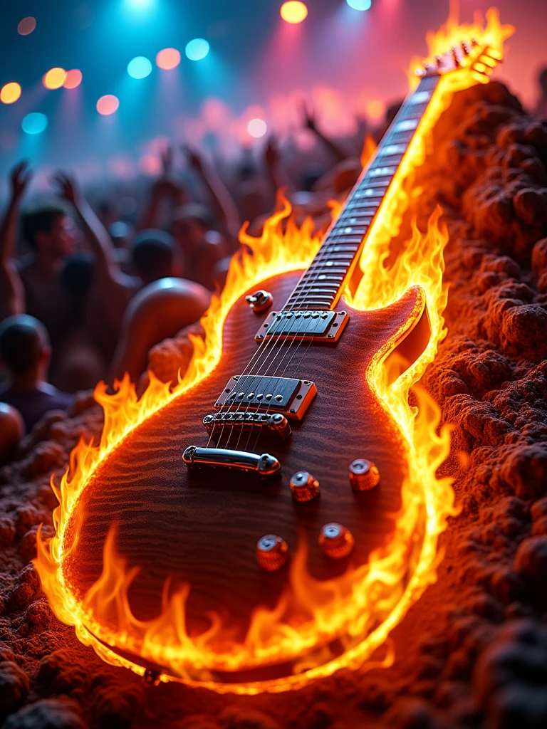 a guitar with a flame on it, rock music, electric guitar, on fire, guitar, music, guitar solo, rocking out, hd wallpaper, badass composition, classic guitar, heavy blues rock, engulfed in flames, full scene shot, full scene, set on fire, (fire), guitar concept art, lead guitar, fire theme, desktop background, artwork