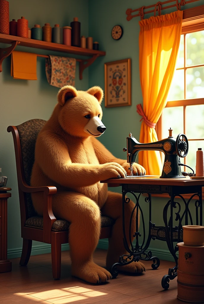  Realistic  Big bear sitting on a chair, sewing with a sewing machine in a sewing workshop with warm colors and cozy atmosphere