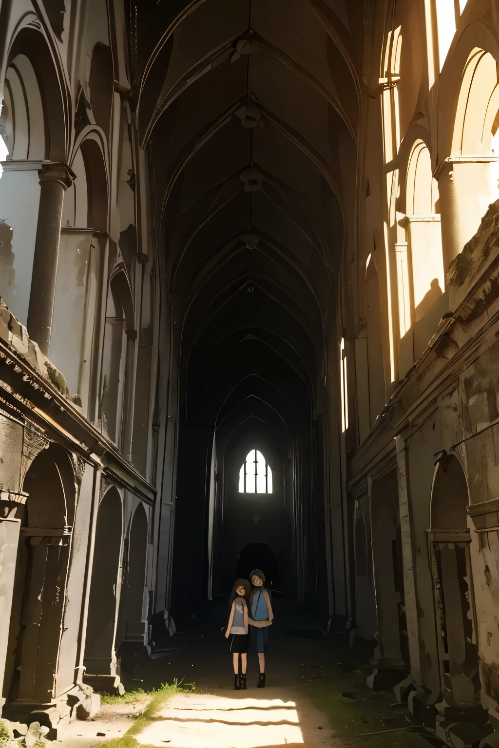 two nine-year-old girls and a fifteen-year-old girl explore a ruined abbey, dark atmosphere, spooky place, darkness, eerie shadows, ancient ruined medieval frescoes on the walls, wearing trousers and boots