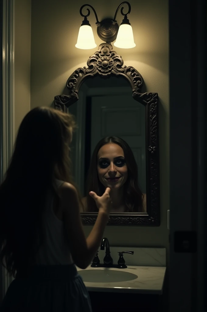 The mirror showed a horrifying face with pitch black eyes, it wasn't the girl's face that should have been there. As a chilling smile appeared, the bathroom lights suddenly went out.