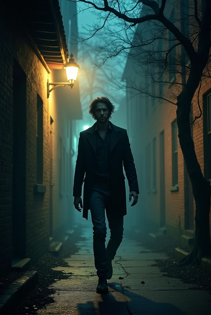 Create an image for a horror book, I want a 35 year old man walking down a dark street with only one light showing his shadow smiling evilly (Horror book art)