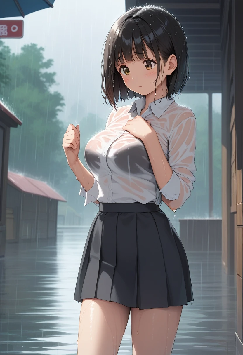 score_9,score_8_up,score_7_up,masterpiece,best quality, source anime, realistic, super detailed, extreme detailed, rating_safe,
1girl, shelter from the rain, standing, hands up, looking down, cowboy shot,
BREAK 22yo, short hair, bob cut, (blunt bangs), black hair, (tareme, detailed cute brown eyes), curled eyelashes, (large breasts:0.9),
shiny hair, beautiful detailed eyes, beautiful face, wet hair,
white collared shirt, black tight mini skirt, (wet, see through:1.4),
embarrassed, blush, frown,
outdoors, street, under the eaves, summer, (rain, dark:1.4),