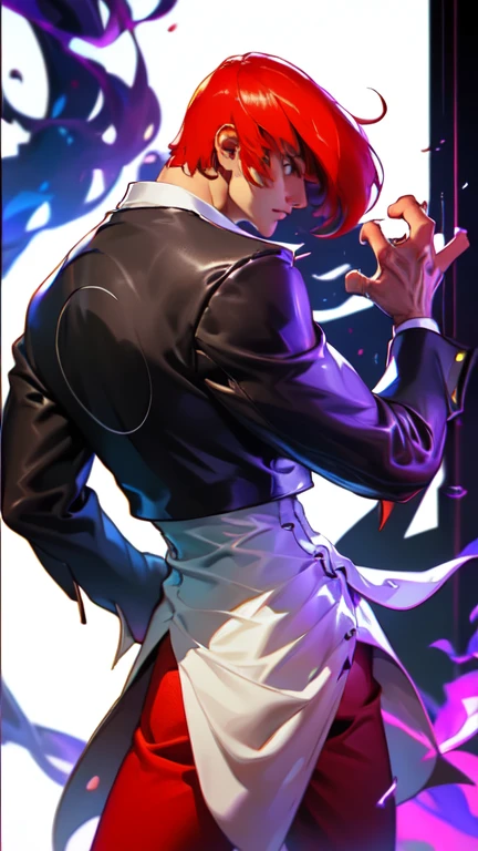 (The best quality,4k,High Resolutions:1.2),ultra detailed,(realist:1.37),1boy,only, Iori Yagami KOF,Iori Yagami,,Fiercely flowing red hair waving in the wind,black leather vest that fits perfectly to his muscular frame,white nightgown fluttering around him,red pants hugging her legs,black shoes shining with elegant polish, stylish shoes