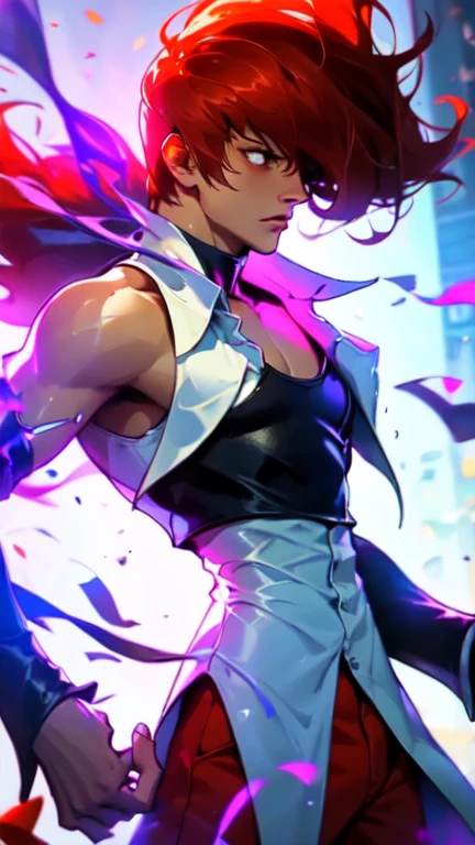 (The best quality,4k,High Resolutions:1.2),ultra detailed,(realist:1.37),1boy,only, Iori Yagami KOF,Iori Yagami,,Fiercely flowing red hair waving in the wind,black leather vest that fits perfectly to his muscular frame,white nightgown fluttering around him,red pants hugging her legs,black shoes shining with elegant polish, stylish shoes