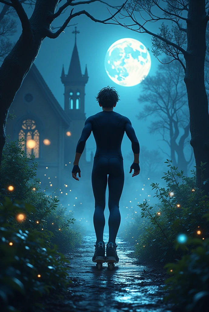 Create a 3D book cover image with these descriptions: The cover should capture the mysterious and electrifying atmosphere of the nighttime escape through the shadowy garden. En el centro de la imagen, the protagonist, "lavender eyes," is a male teenager of , brownhair, purple eyes.can be shown from behind, skating at high speed through the garden, shrouded in an aura of pulsating darkness. He wears a black rubberized jumpsuit, with a helmet and night vision goggles, almost merging with the shadows around it.
Ao fundo, a dark and menacing creature, with a sleek body and sharp protrusions, emerges from the trees, his eyes shining an intense blue. The creature should appear ethereal and sinister., contrasting with the dense vegetation of the Atlantic Forest that makes up the garden. Moonlight filters through the treetops, casting long, distorted shadows across the path. Fireflies dance around, gently illuminating the scene with its soft light, creating a magical and at the same time frightening atmosphere.
The ancient, mist-shrouded chapel can be seen in the distance, seus contornos desgastados e janelas quebradas adicionando um toque de mistério e danger iminente. The name of the book, "Shadows of the Spell," must be written in gothic fonts, with a slight blue or silvery sheen, to reinforce the supernatural aura of the story.
This cover needs to convey a sense of urgency, danger, and the mix of magic and mystery that permeates the chapter.