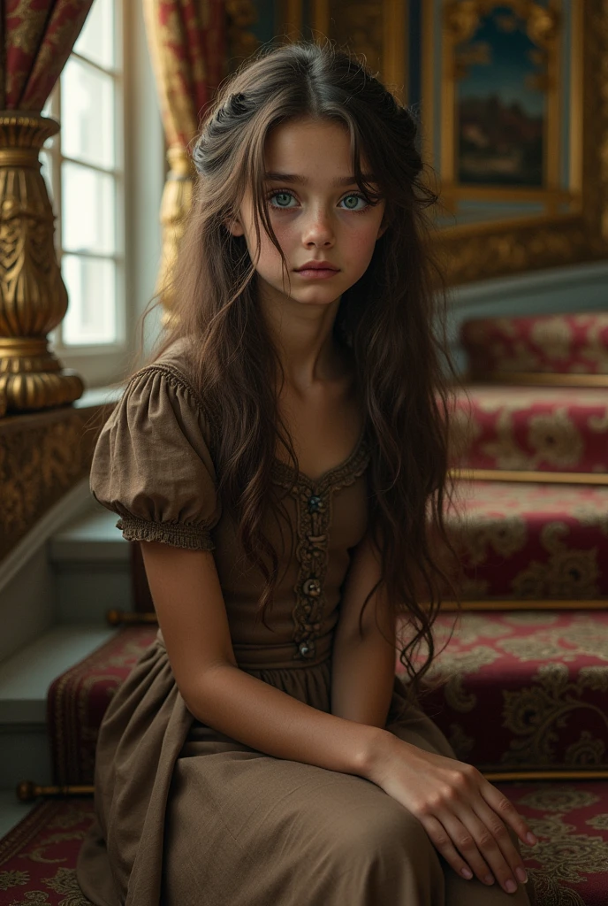 A small with long brown hair and blue eyes, very beautiful, sadly crying in an old brown dress., In a beautiful palace-like house