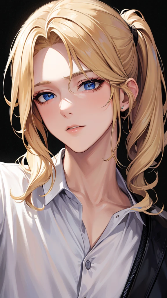 (masterpiece, absurdity, a high resolution, Ultra detailed), 1 person, wavy blonde hair, adult, Blue eyes, Ponytail, male focus,Beautiful face, casual wear, charming, well done, detailed eyes and face,