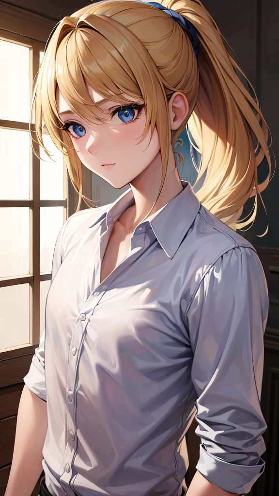 (masterpiece, absurdity, a high resolution, Ultra detailed), 1 person, wavy blonde hair, adult, Blue eyes, Ponytail, male focus,Beautiful face, casual wear, charming, well done, detailed eyes and face,
