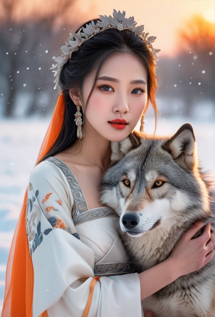 A beautiful Korean woman in a pure white ancient Chinese dress, embracing a big grey wolf in a snowy field, with snowfall, in the evening, with the orange glow of the setting sun casting a warm light in the background, (best quality,4k,8k,highres,masterpiece:1.2),ultra-detailed,(realistic,photorealistic,photo-realistic:1.37),detailed face,detailed eyes,detailed lips,extremely detailed eyes and face,long eyelashes,detailed dress,detailed fur,detailed snow,detailed sunset,landscape,portrait,warm colors,soft lighting